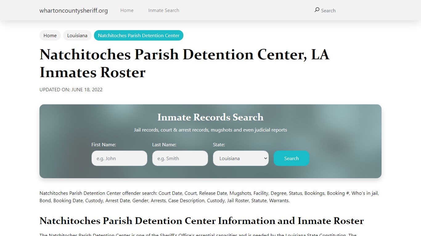 Natchitoches Parish Detention Center, LA Jail Roster, Name ...